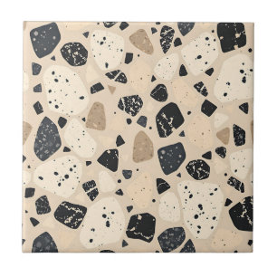 Beige Black Terrazzo Pattern Neutral Abstract Tile
