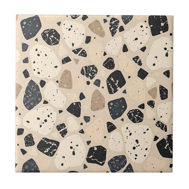 Beige Black Terrazzo Pattern Neutral Abstract  Tile (Front)