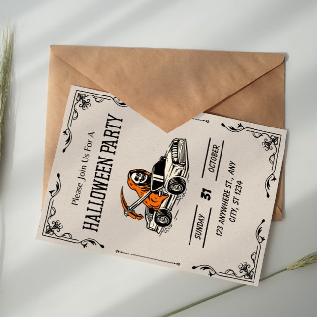 Beige Black Vintage Gothic Skull Halloween Party Invitation (Creator Uploaded)