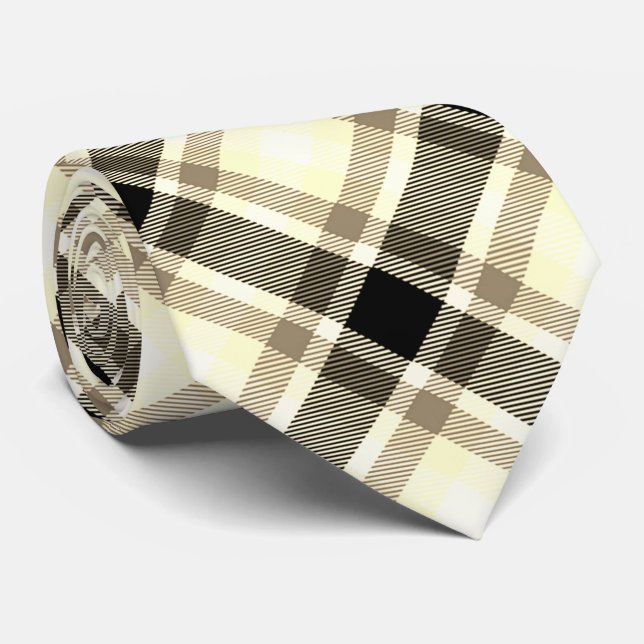 Beige, Black, White Tartan Plaid Pattern Tie (Rolled)