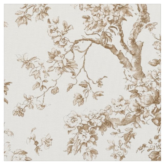 Beige Blossom Branch Toile Pattern Fabric (Close Up)