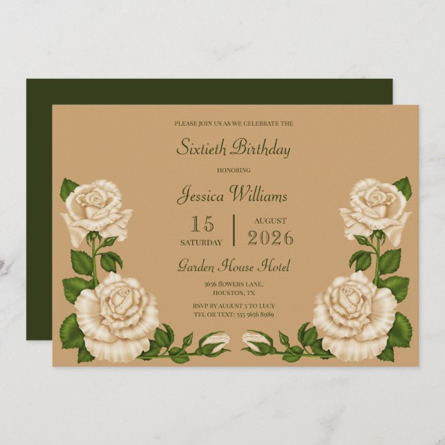 Beige Blossom Decoration 60th Birthday Invitation (Front/Back)