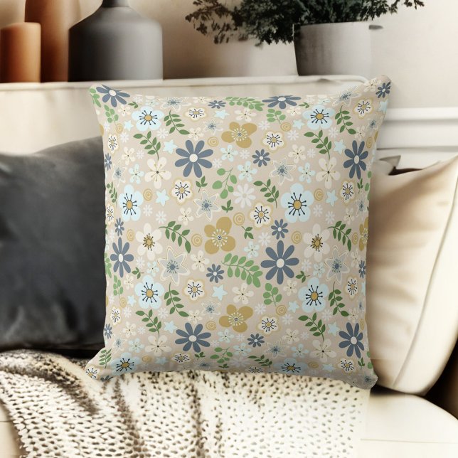 Beige Blue And Gold Floral Daisies Couch Cushion (throw pillow for living room floral couch throw pillow grey, blue and beige)