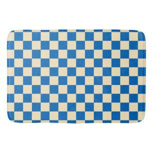 Beige + Blue Check Checkered Checkerboard Pattern Bath Mat