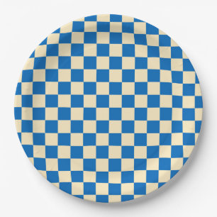 Beige + Blue Check Checkered Checkerboard Pattern Paper Plate
