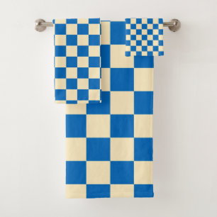 Beige + Blue Check Chequered Chequerboard Pattern Bath Towel Set
