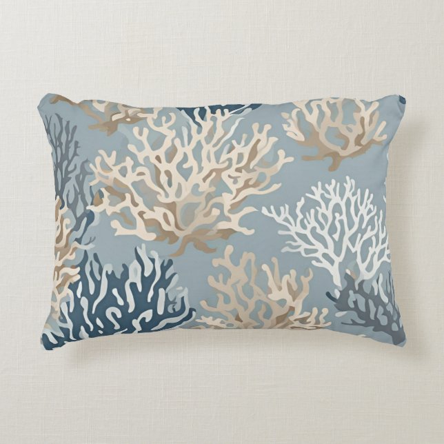 Beige Blue Coral Reef Sealife Ocean Coastal  Decorative Cushion (Front)
