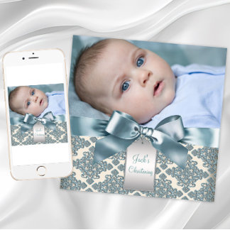 Beige Blue Damask Baby Boy Photo Christening Invitation