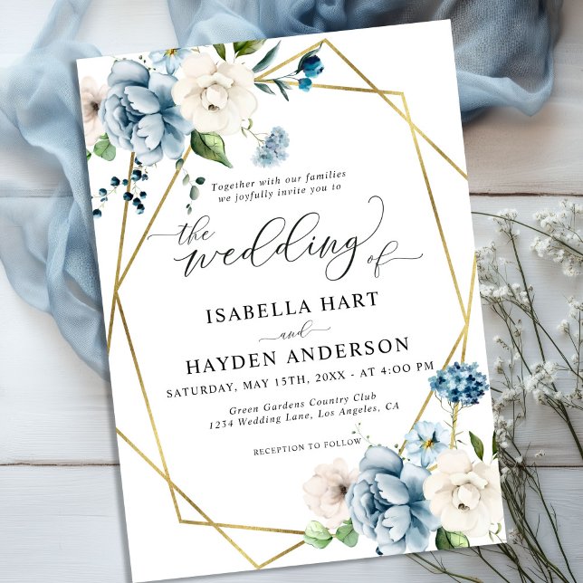 Beige Blue Elegant Floral Gold Frame Wedding Invitation (Creator Uploaded)