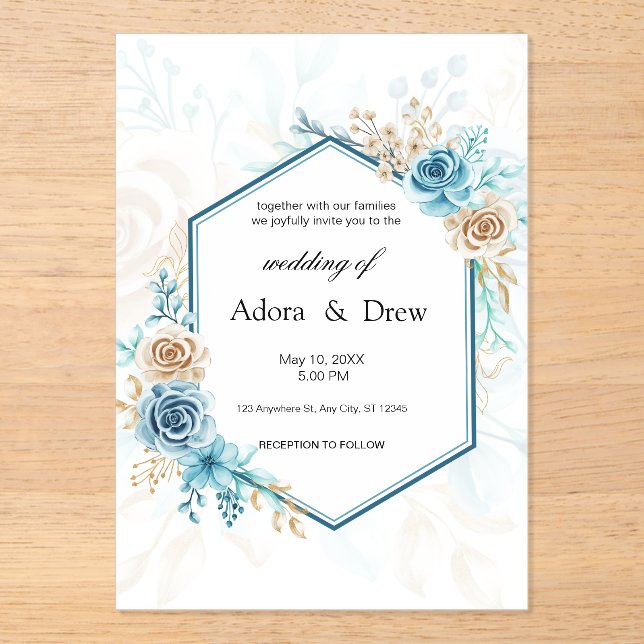 Beige blue Elegant Floral Wedding Acrylic Invitations (Front)