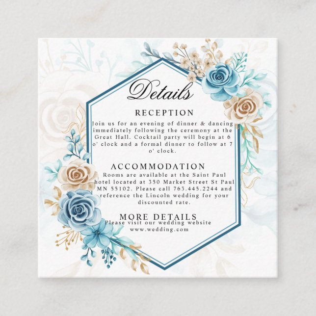 Beige blue Elegant Floral Wedding Enclosure Card (Front)