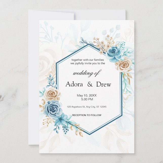 Beige blue Elegant Floral Wedding Invitation (Front)