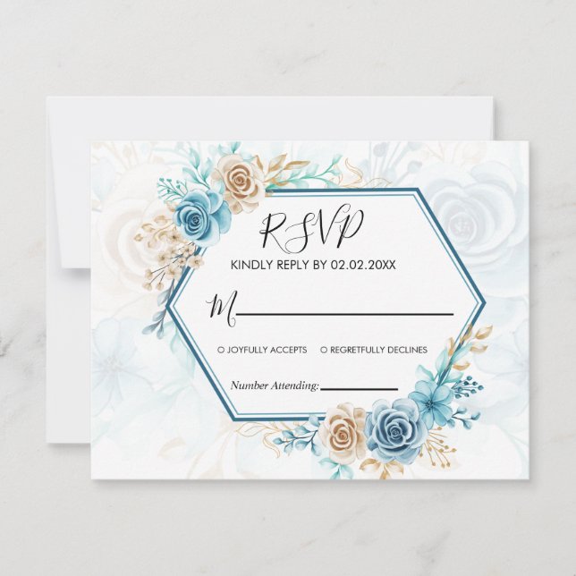 Beige blue Elegant Floral Wedding RSVP Card (Front)