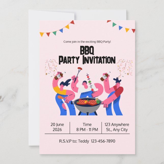 Beige Blue Playful BBQ Party Invitation (Front)