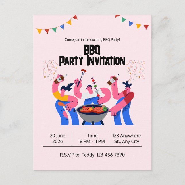 Beige Blue Playful BBQ Party Postcard (Front)
