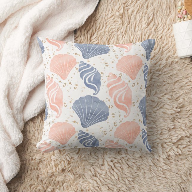 Beige Blue Seashell Beach House Lakeside Boho Cushion (Blanket)