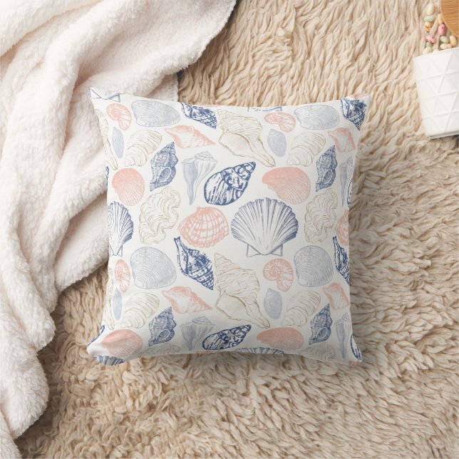 Beige Blue Seashell Beach House Lakeside Boho Cushion (Blanket)