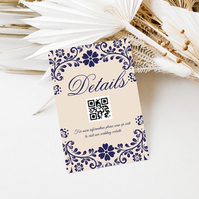 Beige Blue Wedding Qr code Details Enclosure Card (Creator Uploaded)