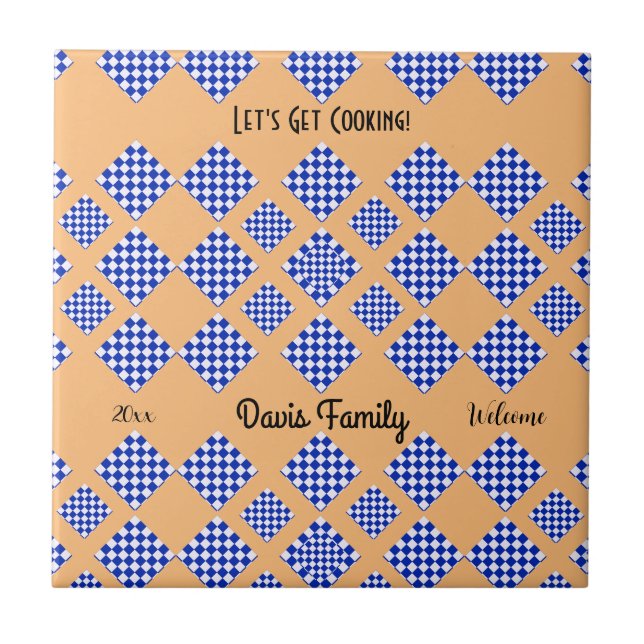 Beige Blue White Diamond Pattern Tile (Front)