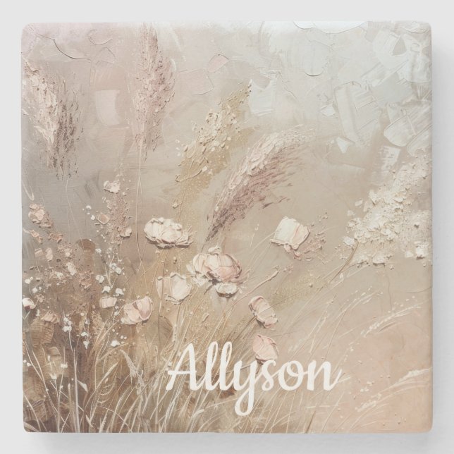 Beige Blush Boho Floral Stone Coaster (Front)