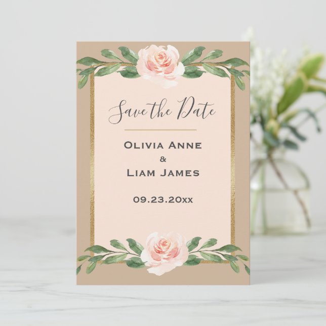 Beige Blush Floral Elegant Script Gold Wedding Save The Date (Standing Front)