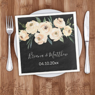 Beige Blush Floral on Black Wedding Napkin