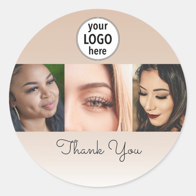 Beige Blush Minimalist Logo Photos Thank You Classic Round Sticker (Front)