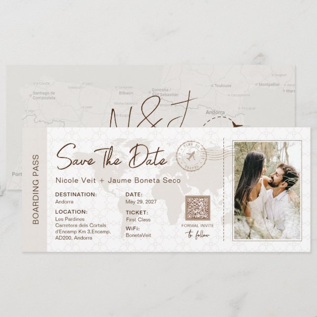Beige Boarding Pass Andorra Invitation  (Front/Back)