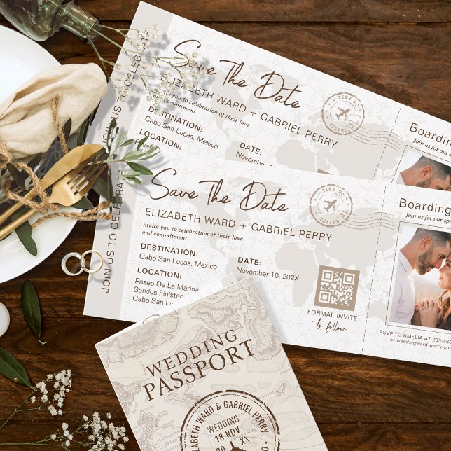 Beige Boarding Pass Destination Wedding QR code Invitation (Creator Uploaded)
