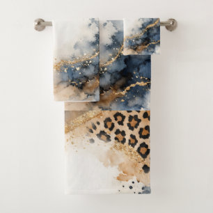 Beige Boho Animal Print, Gold Agate Gold Art Blue Bath Towel Set