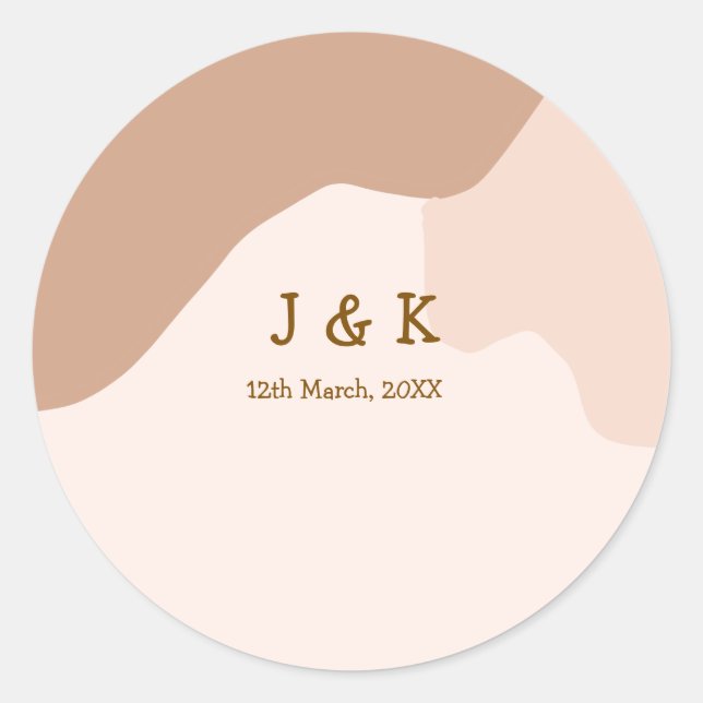 Beige boho curvy orange wedding name date classic round sticker (Front)