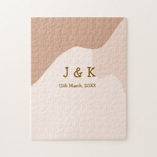 Beige boho curvy orange wedding name date jigsaw puzzle