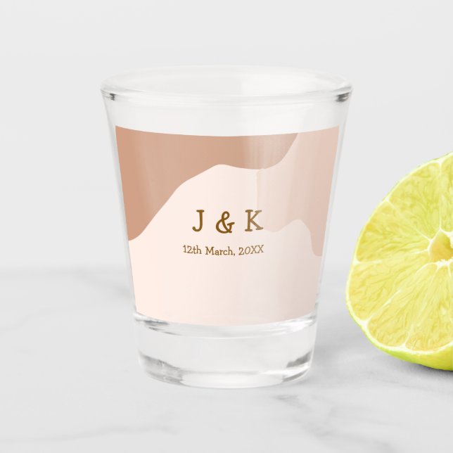 Beige boho curvy orange wedding name date shot glass (Front)