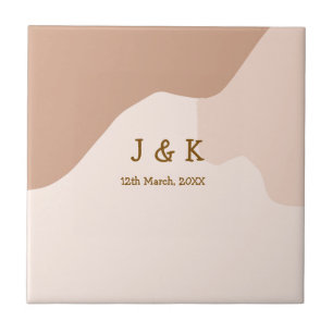 Beige boho curvy orange wedding name date tile