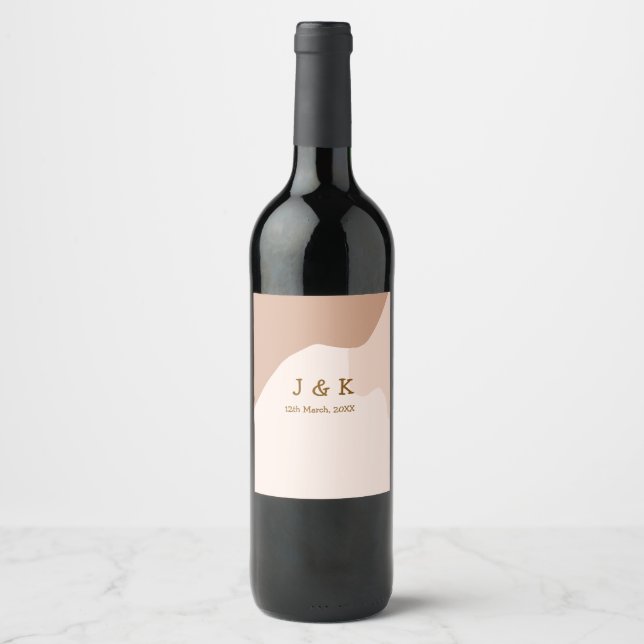 Beige boho curvy orange wedding name date wine label (Front)