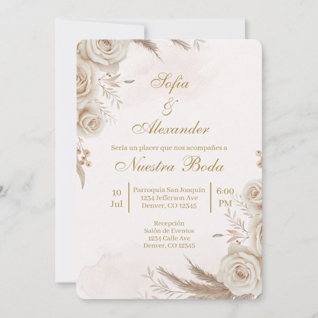 Beige Boho floral Spanish Wedding Invitation (Front)