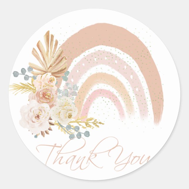 Beige Boho Rainbow with flowers round stickers (Front)