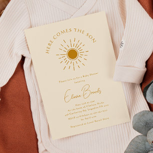 Beige Boho Sunshine Here Comes The Son Baby Shower Invitation