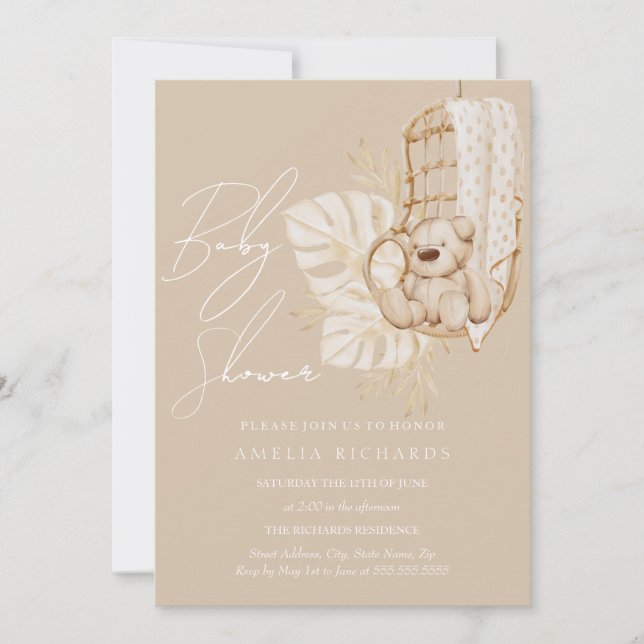 Beige Boho Teddy Bear Neutral Baby Shower Invitation (Front)