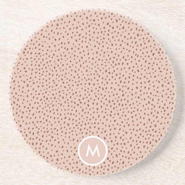 Beige & Boho Terracotta Brown Dots Monogram Coaster (Front)
