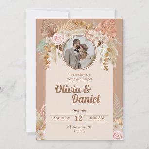 Beige Boho Watercolor Flowers Wedding Invitation