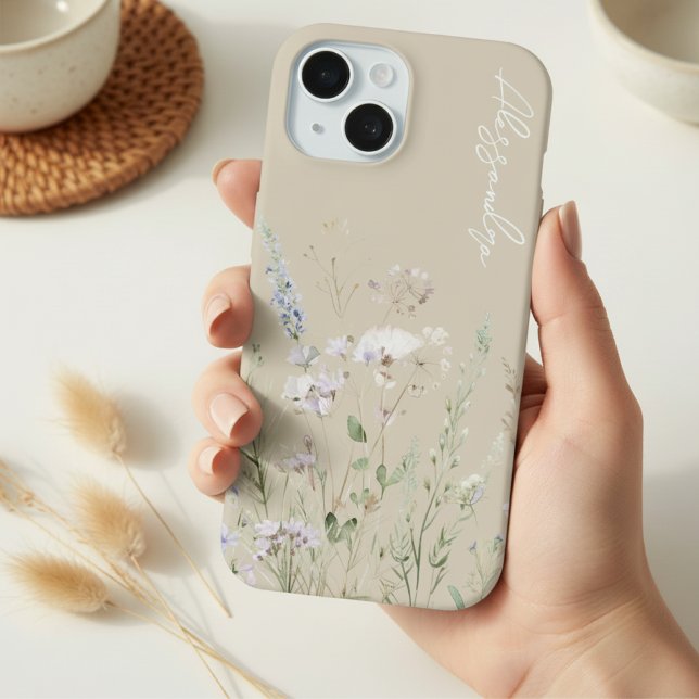 Beige Boho Watercolor Wildflowers iPhone 15 Case (Creator Uploaded)