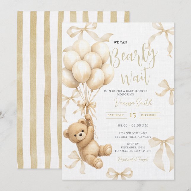 Beige Boho We Can Bearly Wait Baby Shower Invitation (Front/Back)
