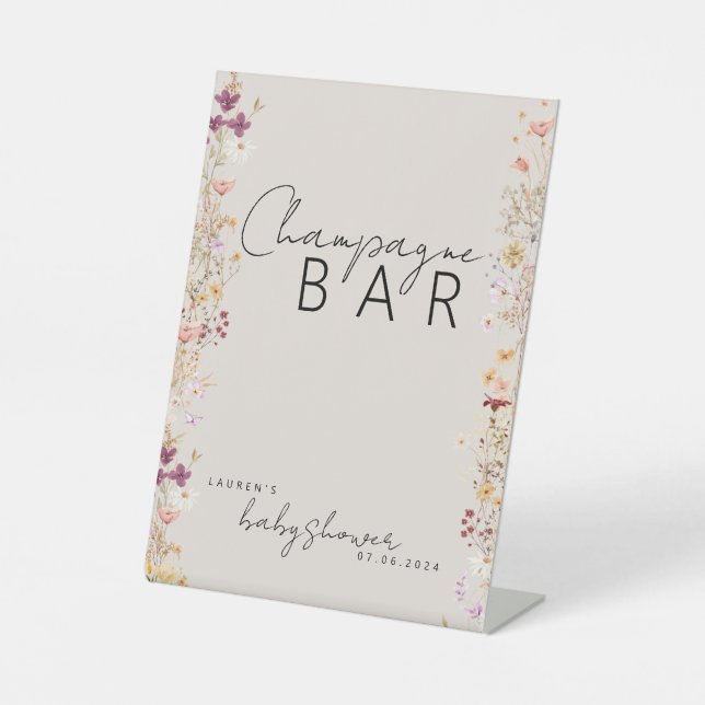 Beige boho wildflower baby shower bar menu pedestal sign (Front)