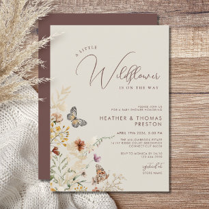 Beige Boho Wildflower Butterfly Baby Shower Invitation