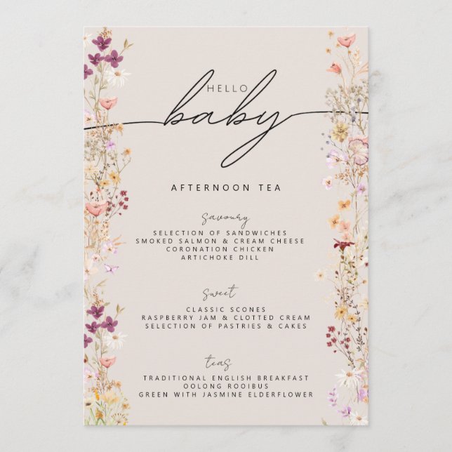 Beige Boho Wildflower Floral Hello Baby Shower Menu (Front)