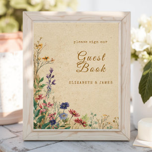 Beige Border Rustic Boho Wildflower GuestBook Sign