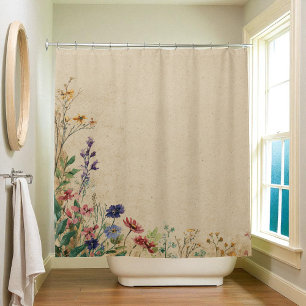 Beige Border Rustic Boho Wildflower  Shower Curtai Shower Curtain