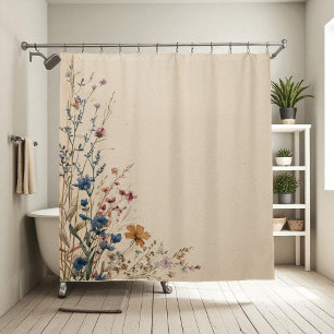 Beige Border Rustic Boho Wildflower  Shower Curtai Shower Curtain