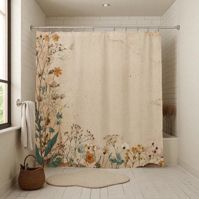 Beige Border Rustic Boho Wildflower  Shower Curtain (Beige Border Rustic Boho Wildflower Shower Curtain)